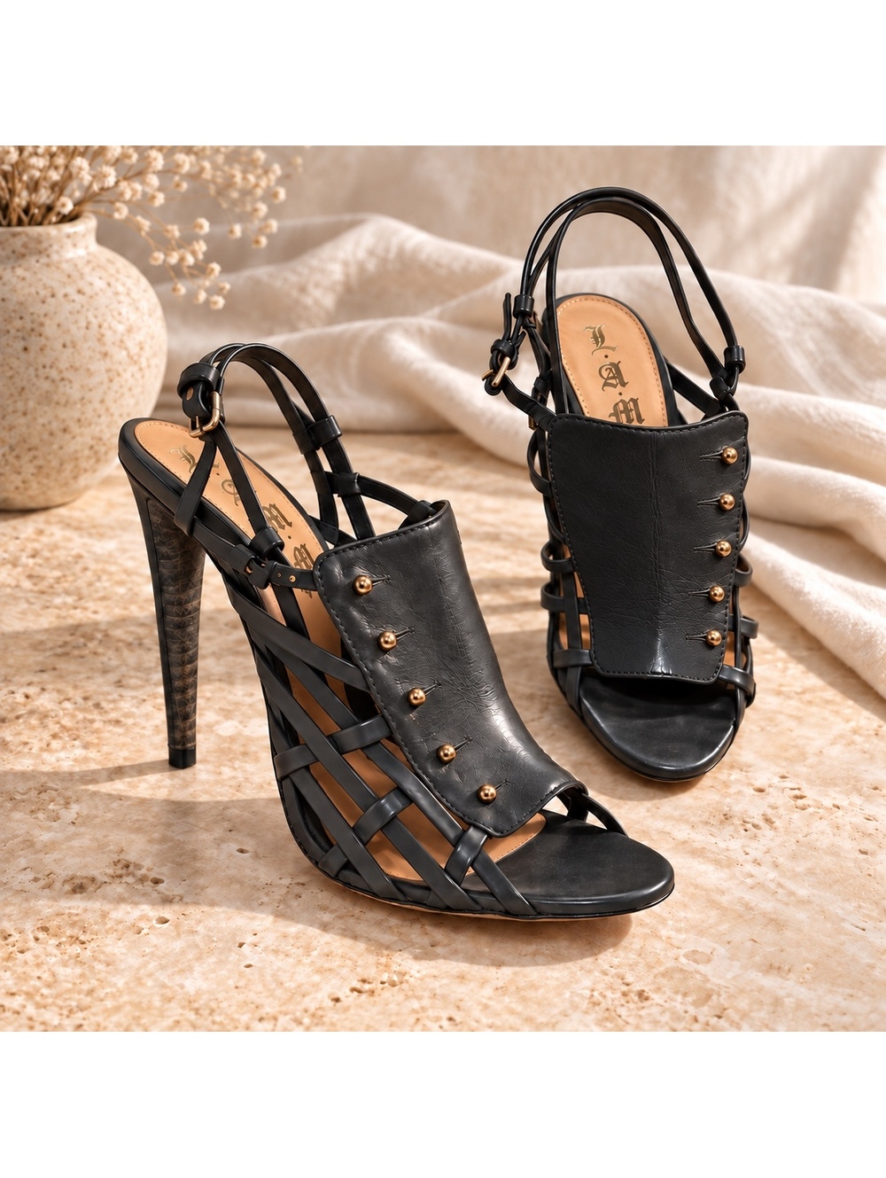 L.A.M.B. Gray Leather Studded Cage Stiletto Sandals Women’s Size 8